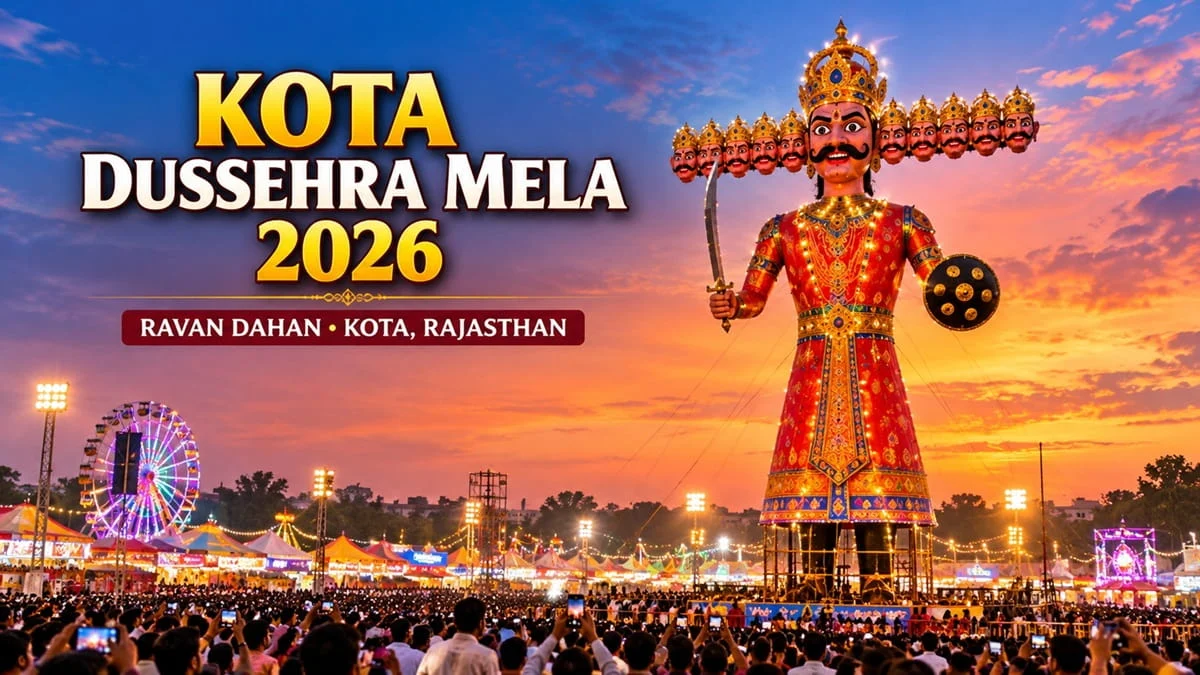 Image alt text: Kota Dussehra Mela 2026 with giant Ravana effigy in Kota, Rajasthan